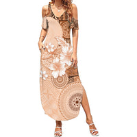 Hawaii Tapa Pattern With Brown Hibiscus Family Matching Summer Maxi Dress and Hawaiian Shirt LT05 Mom's Dress Brown - Polynesian Pride