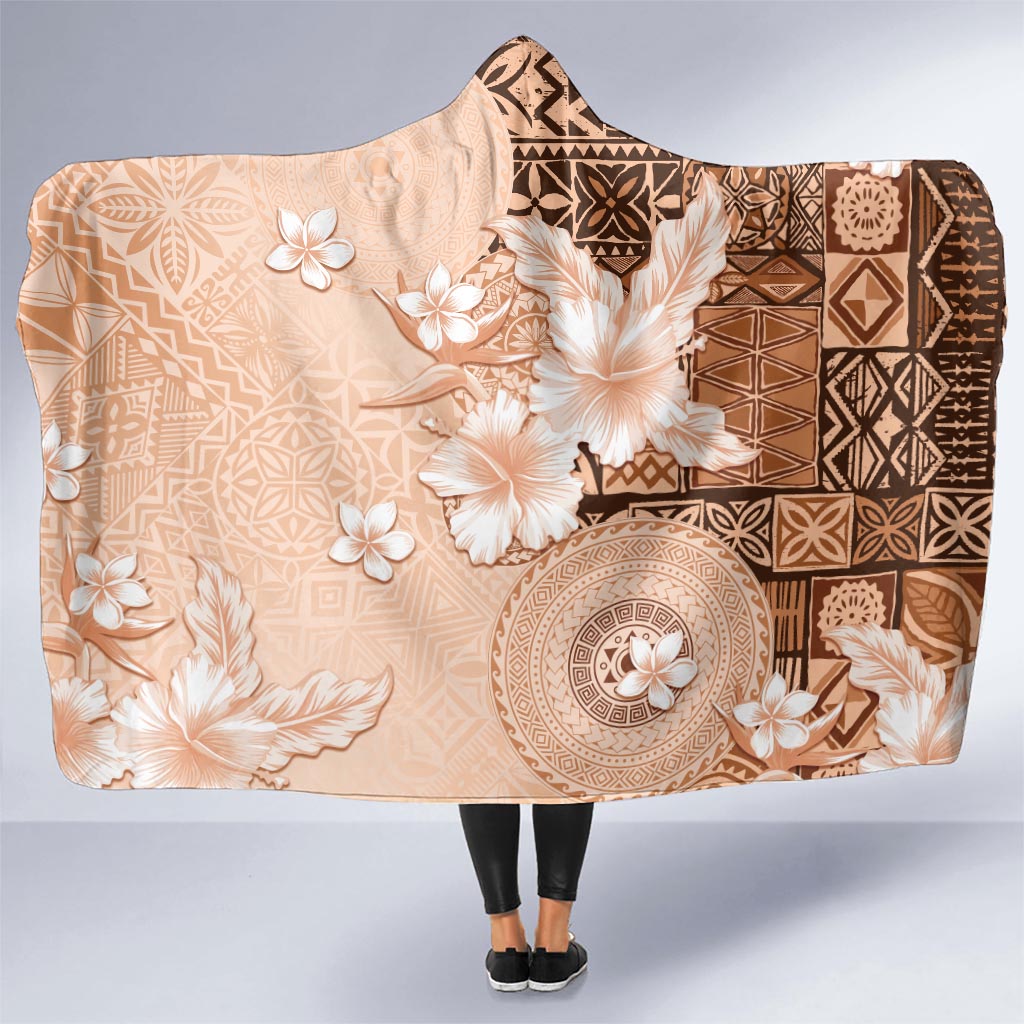 Hawaii Tapa Pattern With Brown Hibiscus Hooded Blanket LT05 - Polynesian Pride