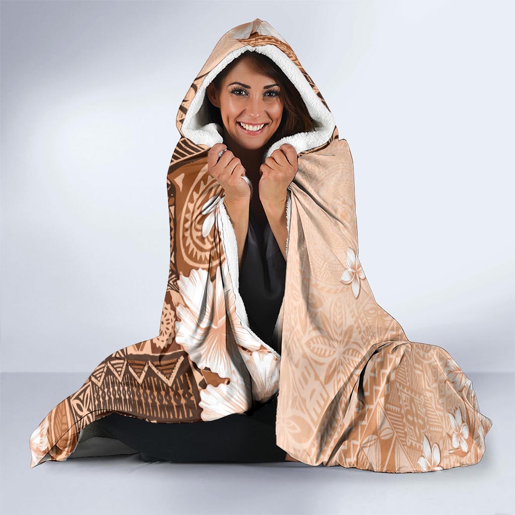 Hawaii Tapa Pattern With Brown Hibiscus Hooded Blanket LT05 - Polynesian Pride