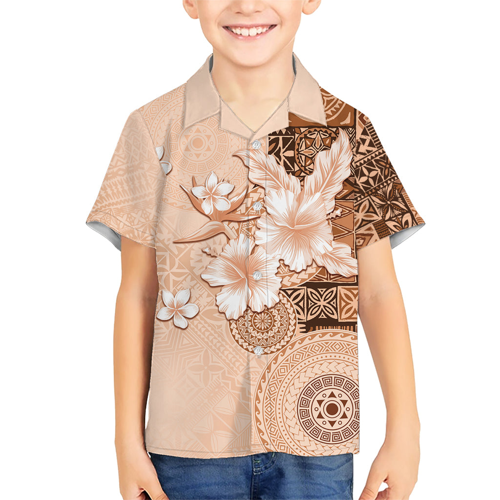 Hawaii Tapa Pattern With Brown Hibiscus Kid Hawaiian Shirt