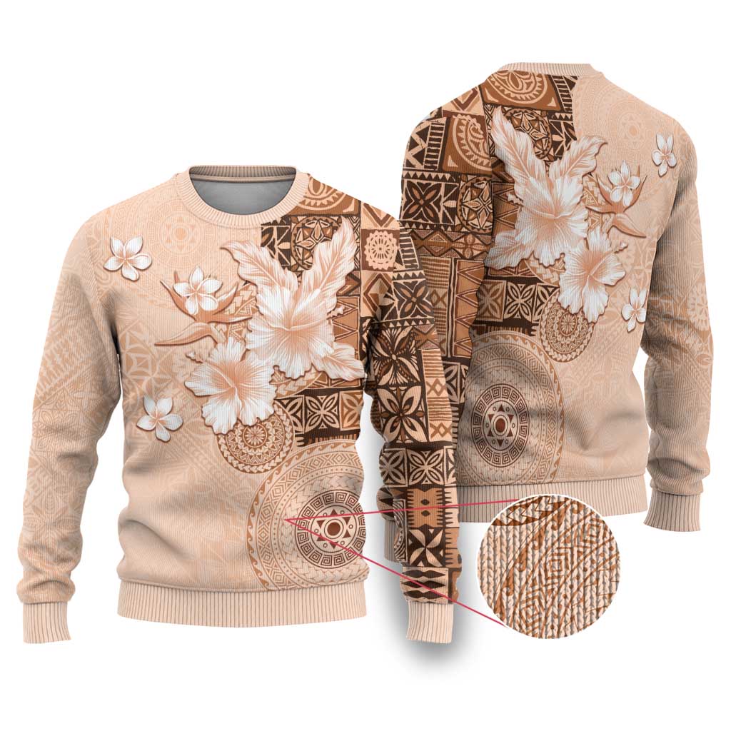 Hawaii Tapa Pattern With Brown Hibiscus Ugly Christmas Sweater