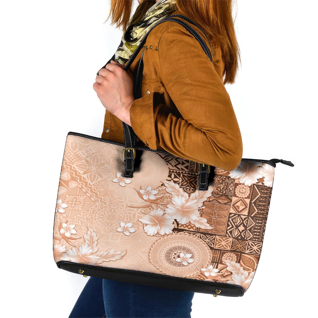 Hawaii Tapa Pattern With Brown Hibiscus Leather Tote Bag LT05 Brown - Polynesian Pride