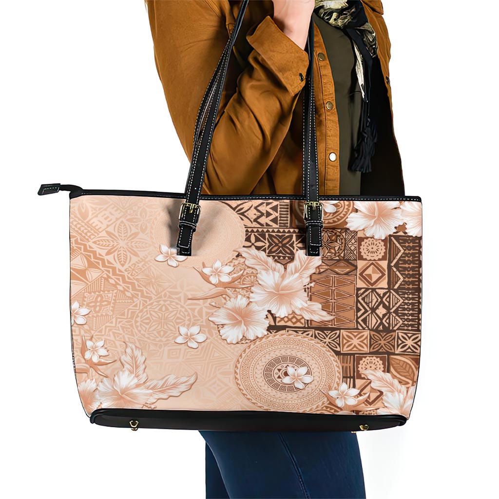 Hawaii Tapa Pattern With Brown Hibiscus Leather Tote Bag LT05 - Polynesian Pride