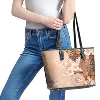 Hawaii Tapa Pattern With Brown Hibiscus Leather Tote Bag LT05 - Polynesian Pride