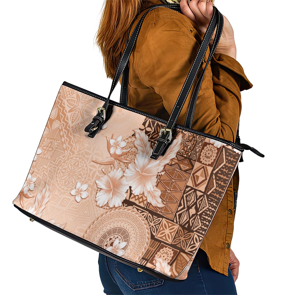 Hawaii Tapa Pattern With Brown Hibiscus Leather Tote Bag LT05 - Polynesian Pride