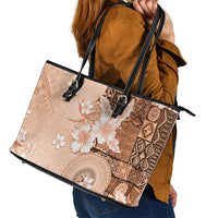 Hawaii Tapa Pattern With Brown Hibiscus Leather Tote Bag LT05 - Polynesian Pride