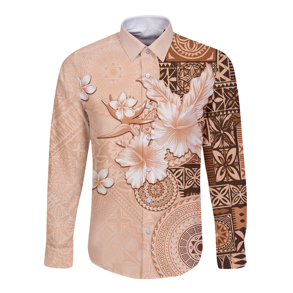 Hawaii Tapa Pattern With Brown Hibiscus Long Sleeve Button Shirt