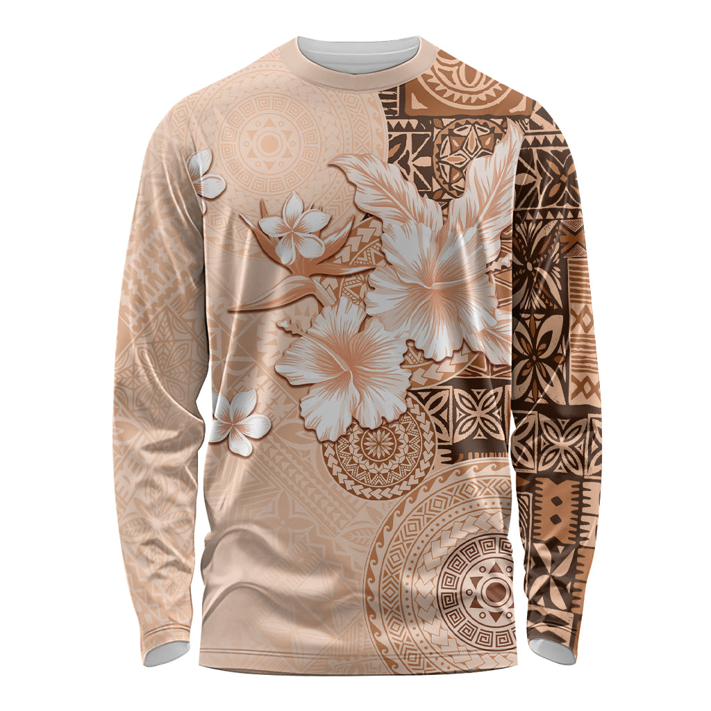 Hawaii Tapa Pattern With Brown Hibiscus Long Sleeve Shirt