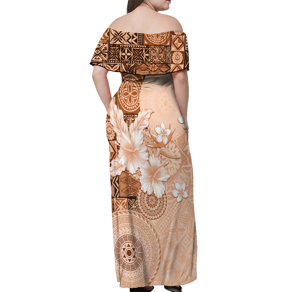 Hawaii Tapa Pattern With Brown Hibiscus Off Shoulder Maxi Dress LT05 - Polynesian Pride