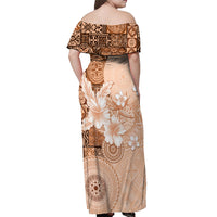 Hawaii Tapa Pattern With Brown Hibiscus Off Shoulder Maxi Dress LT05 - Polynesian Pride