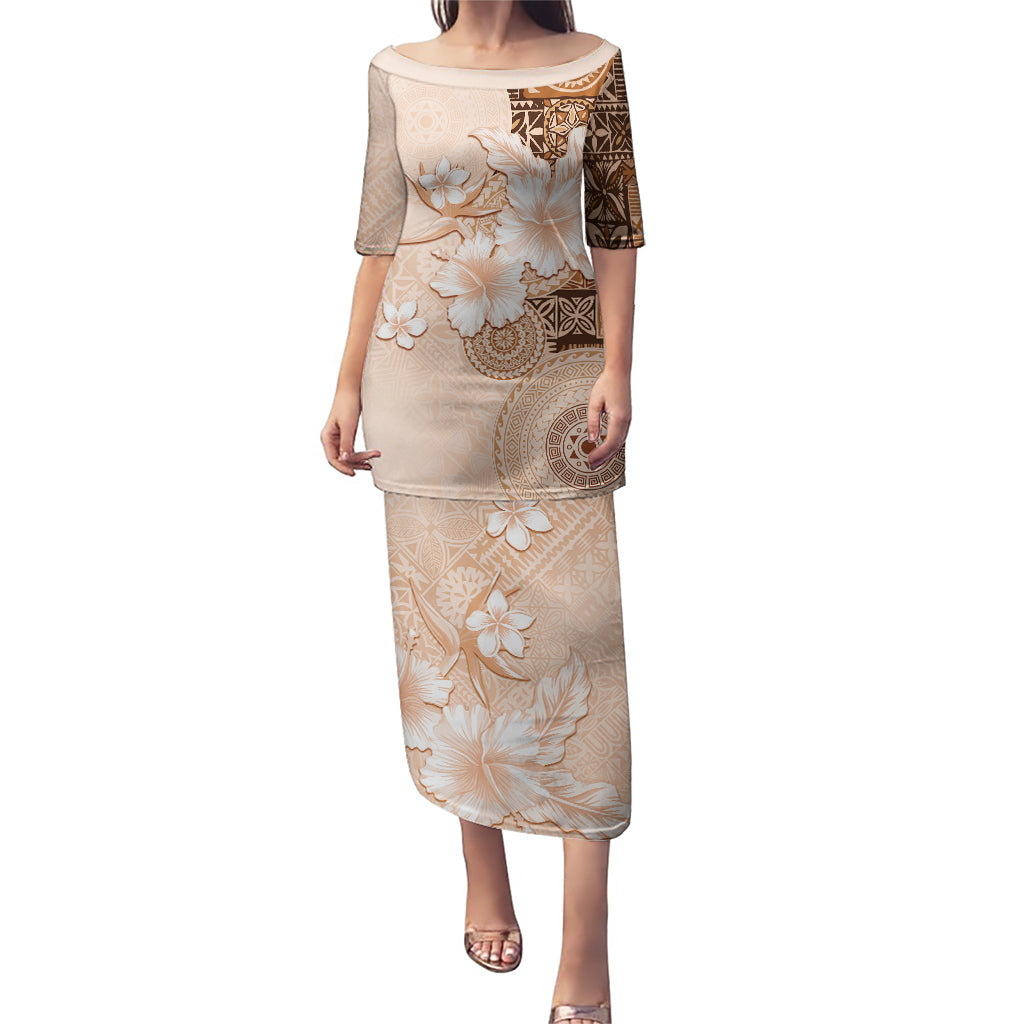 Hawaii Tapa Pattern With Brown Hibiscus Puletasi LT05 Long Dress Brown - Polynesian Pride