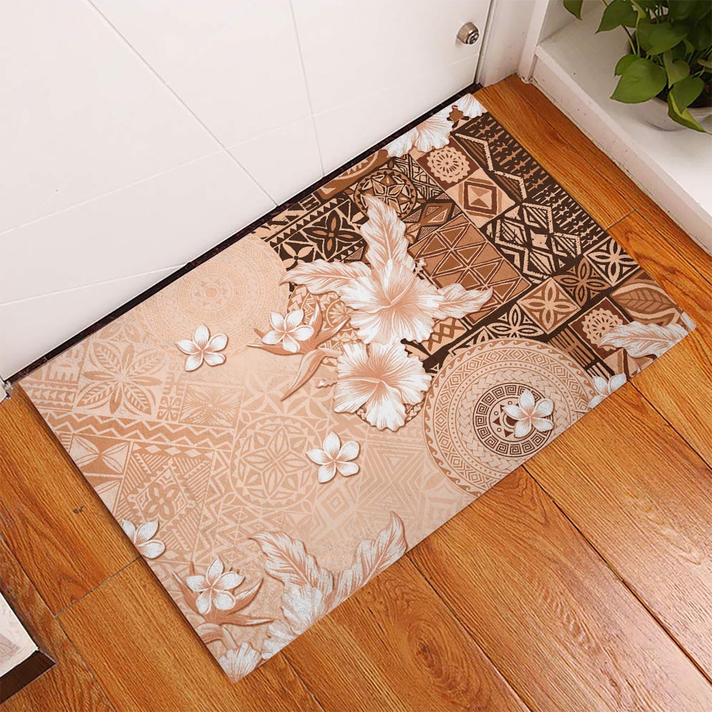 Hawaii Tapa Pattern With Brown Hibiscus Rubber Doormat LT05 Brown - Polynesian Pride