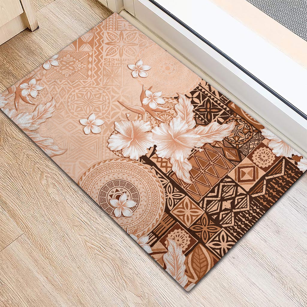 Hawaii Tapa Pattern With Brown Hibiscus Rubber Doormat LT05 - Polynesian Pride