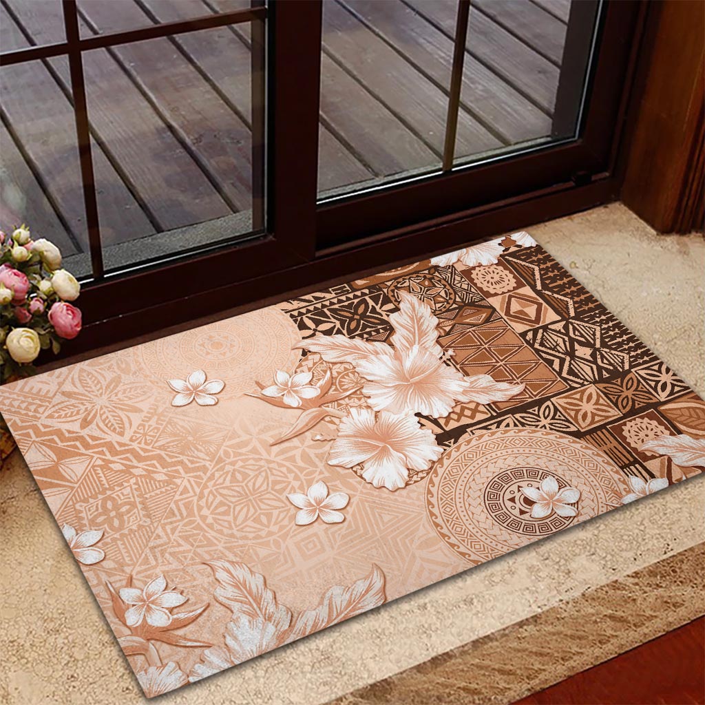 Hawaii Tapa Pattern With Brown Hibiscus Rubber Doormat LT05 - Polynesian Pride
