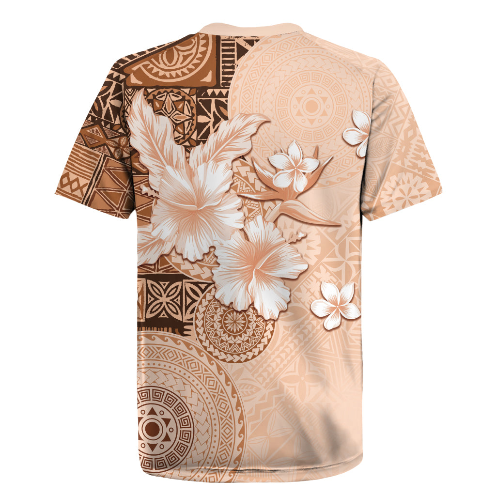 Hawaii Tapa Pattern With Brown Hibiscus Rugby Jersey LT05 - Polynesian Pride