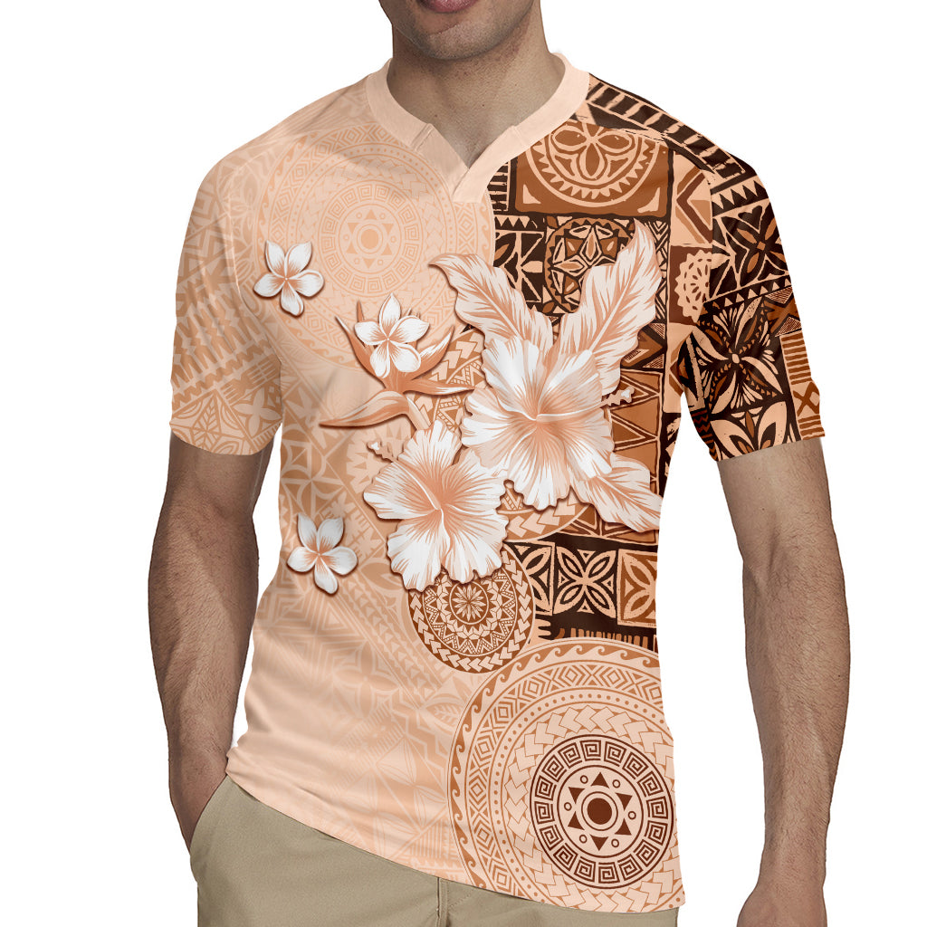 Hawaii Tapa Pattern With Brown Hibiscus Rugby Jersey LT05 - Polynesian Pride