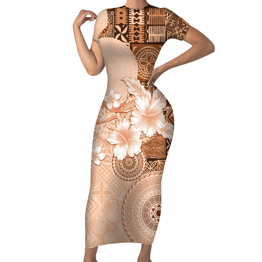 Hawaii Tapa Pattern With Brown Hibiscus Short Sleeve Bodycon Dress