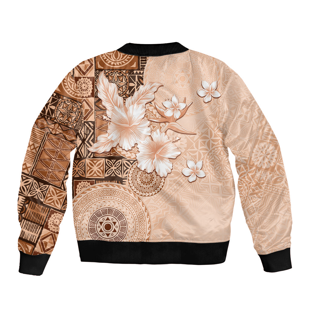 Hawaii Tapa Pattern With Brown Hibiscus Sleeve Zip Bomber Jacket LT05 - Polynesian Pride