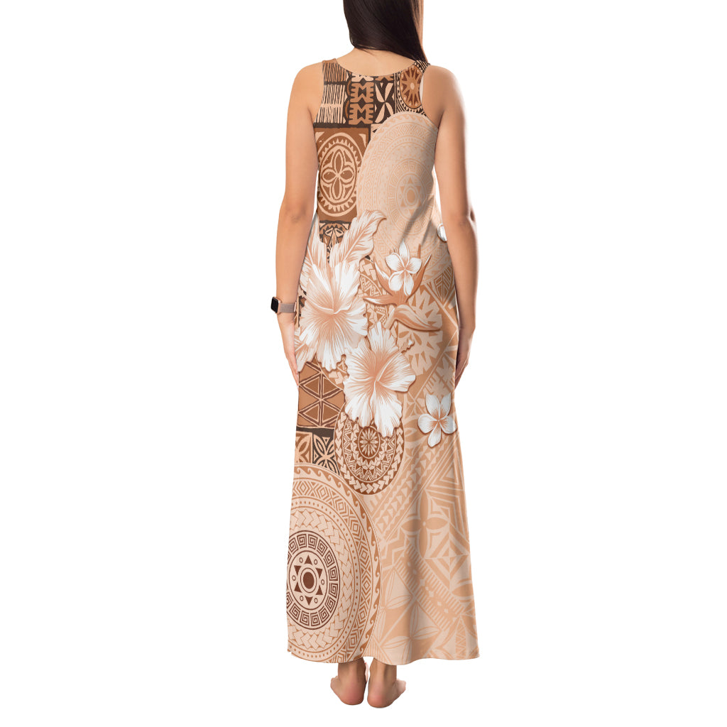 Hawaii Tapa Pattern With Brown Hibiscus Tank Maxi Dress LT05 - Polynesian Pride