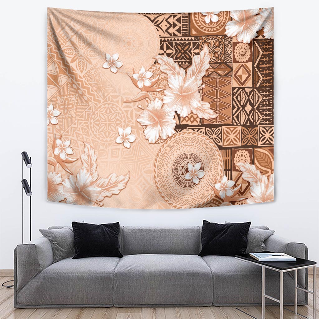 Hawaii Tapa Pattern With Brown Hibiscus Tapestry