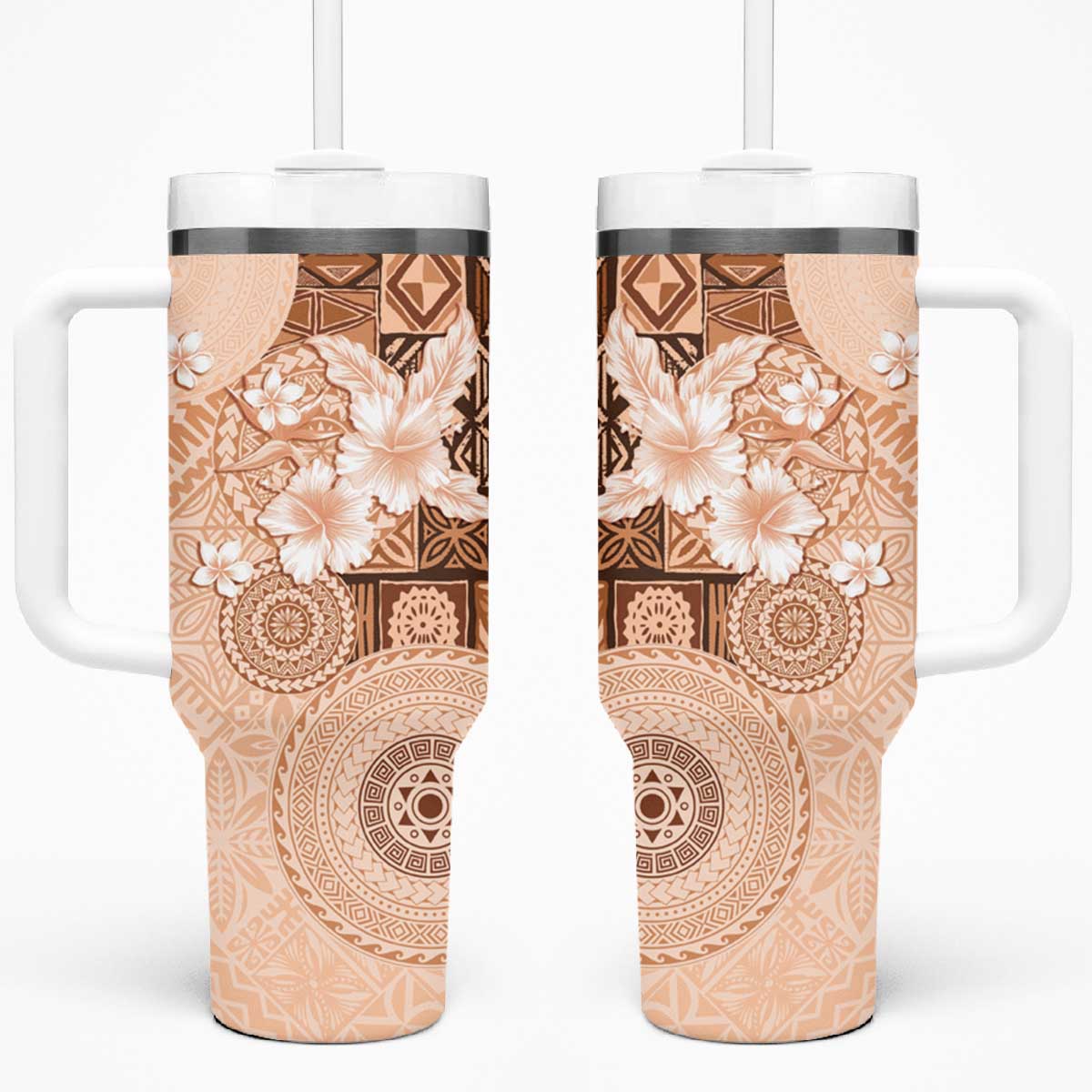 Hawaii Tapa Pattern With Brown Hibiscus Tumbler With Handle