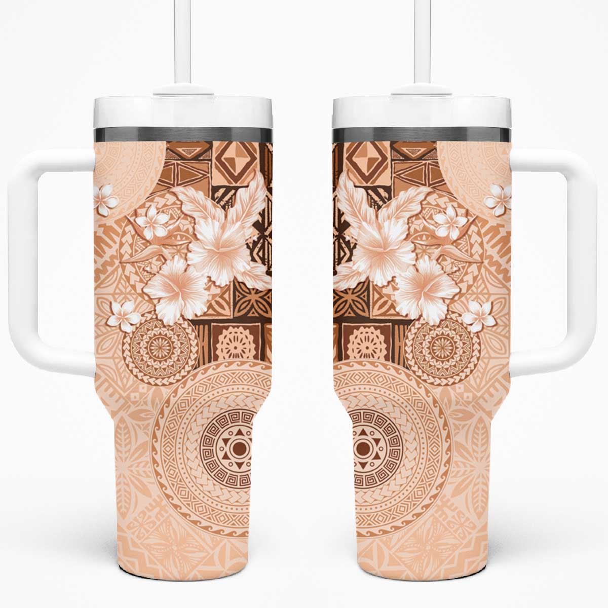 Hawaii Tapa Pattern With Brown Hibiscus Tumbler With Handle