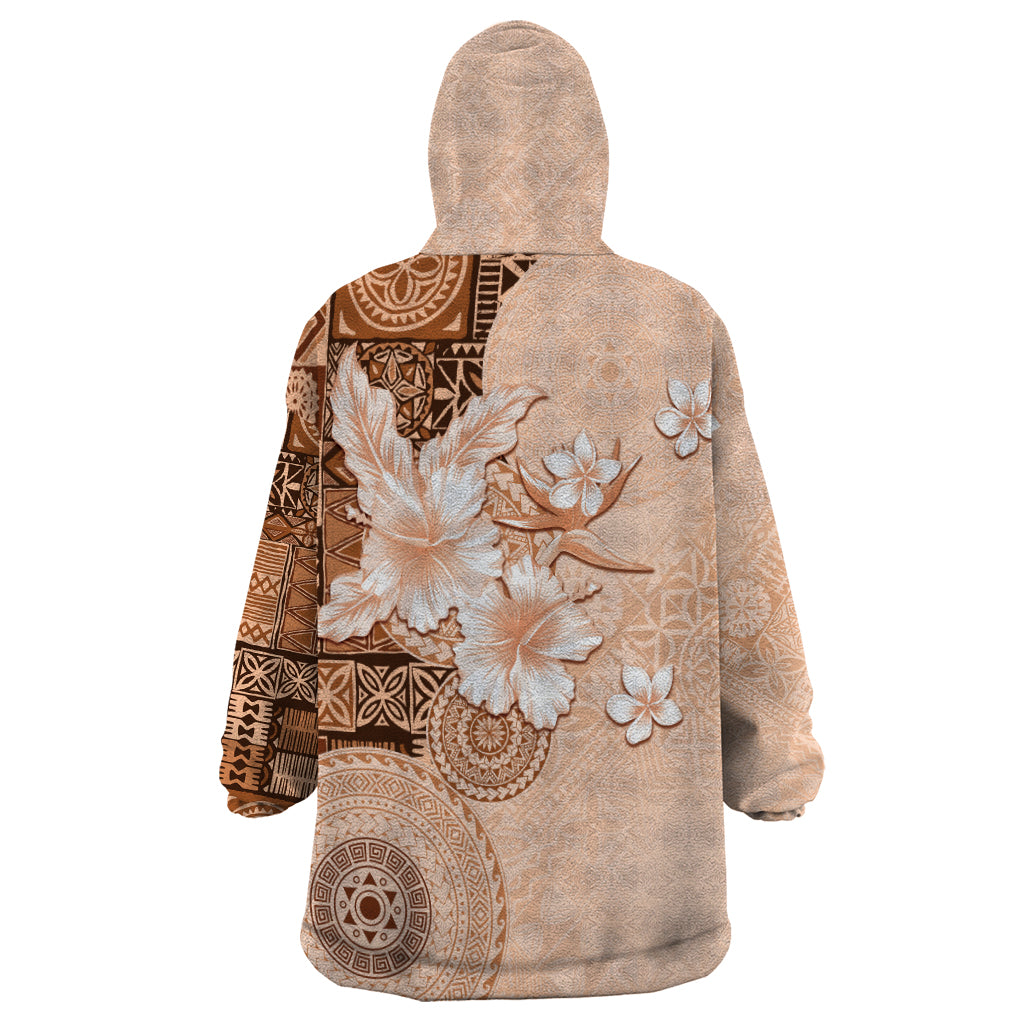 Hawaii Tapa Pattern With Brown Hibiscus Wearable Blanket Hoodie LT05 - Polynesian Pride