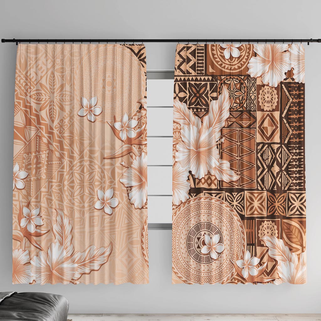 Hawaii Tapa Pattern With Brown Hibiscus Window Curtain LT05 With Hooks Brown - Polynesian Pride