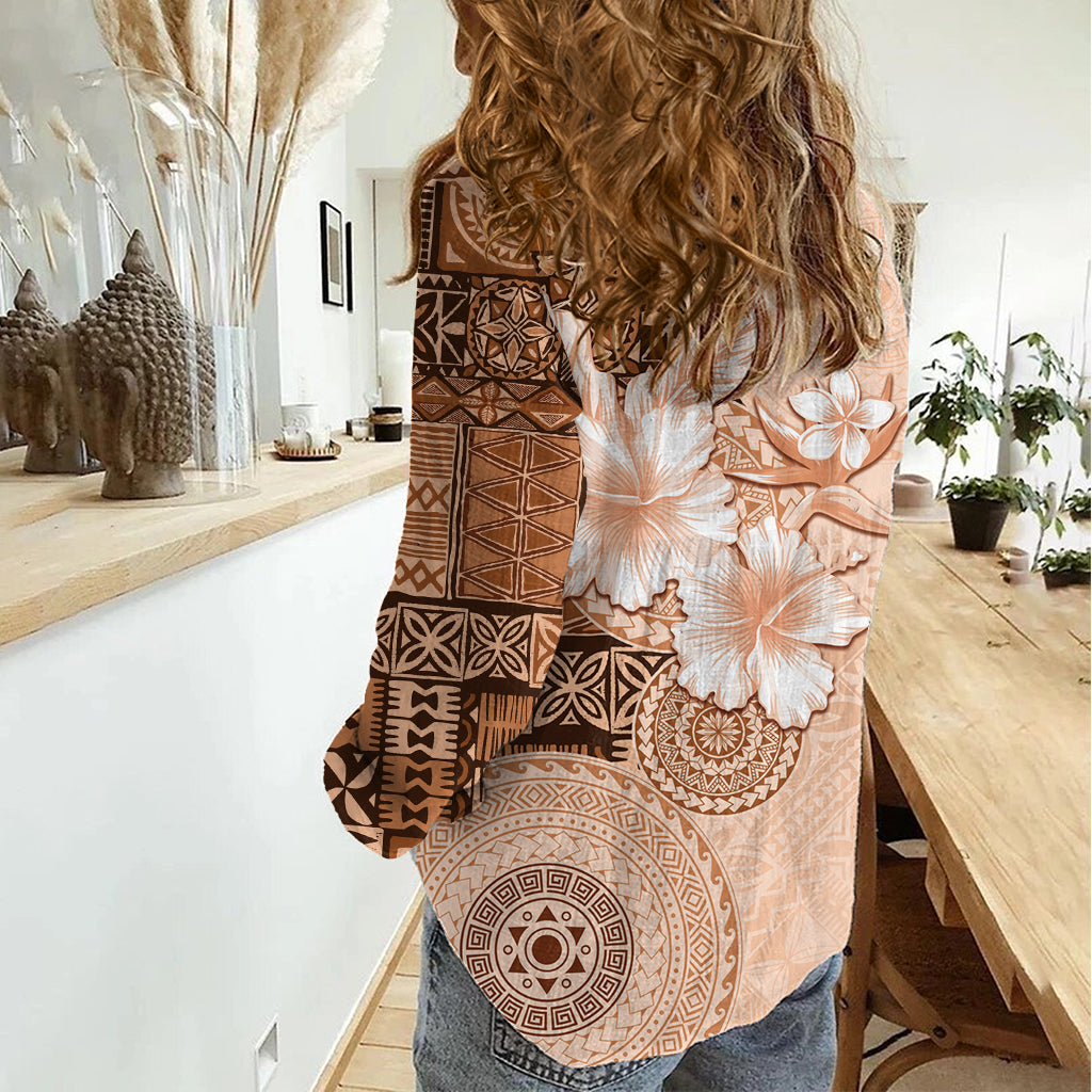 Hawaii Tapa Pattern With Brown Hibiscus Women Casual Shirt