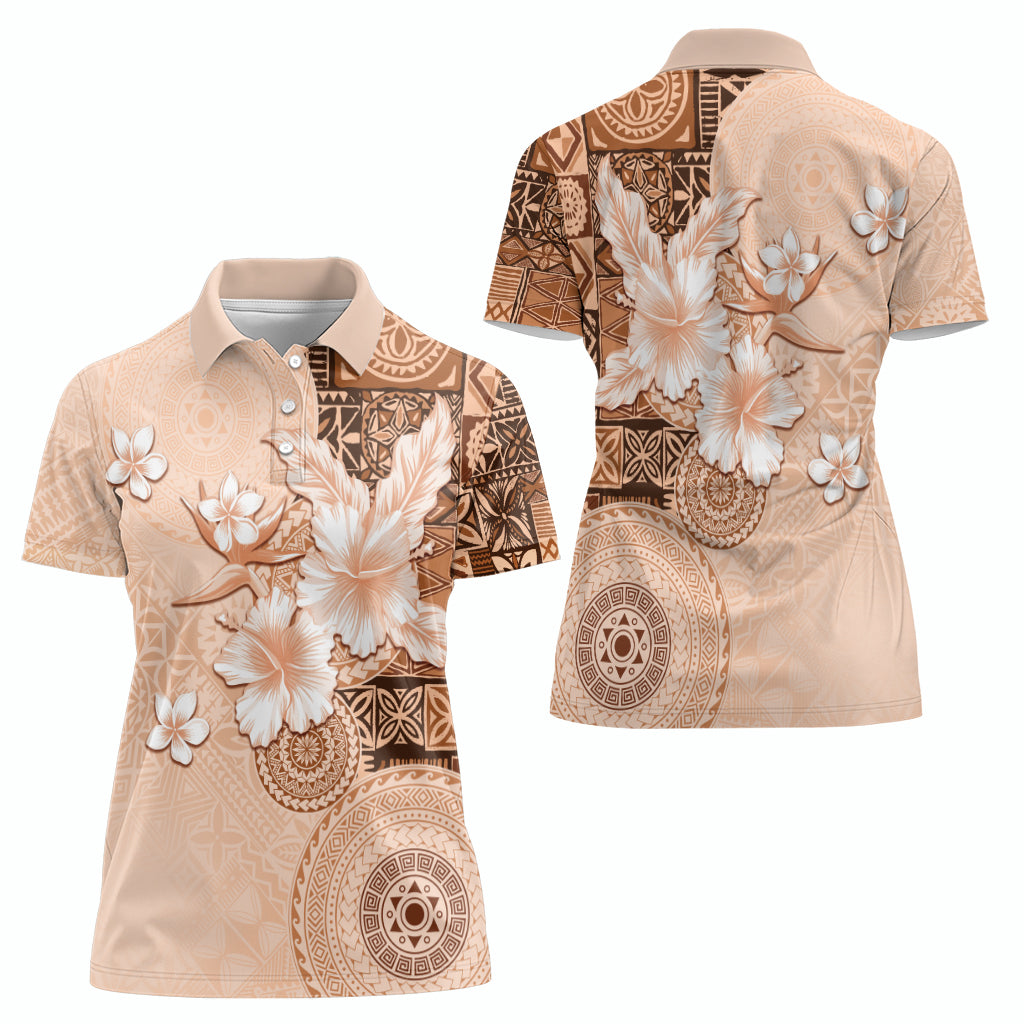 Hawaii Tapa Pattern With Brown Hibiscus Women Polo Shirt