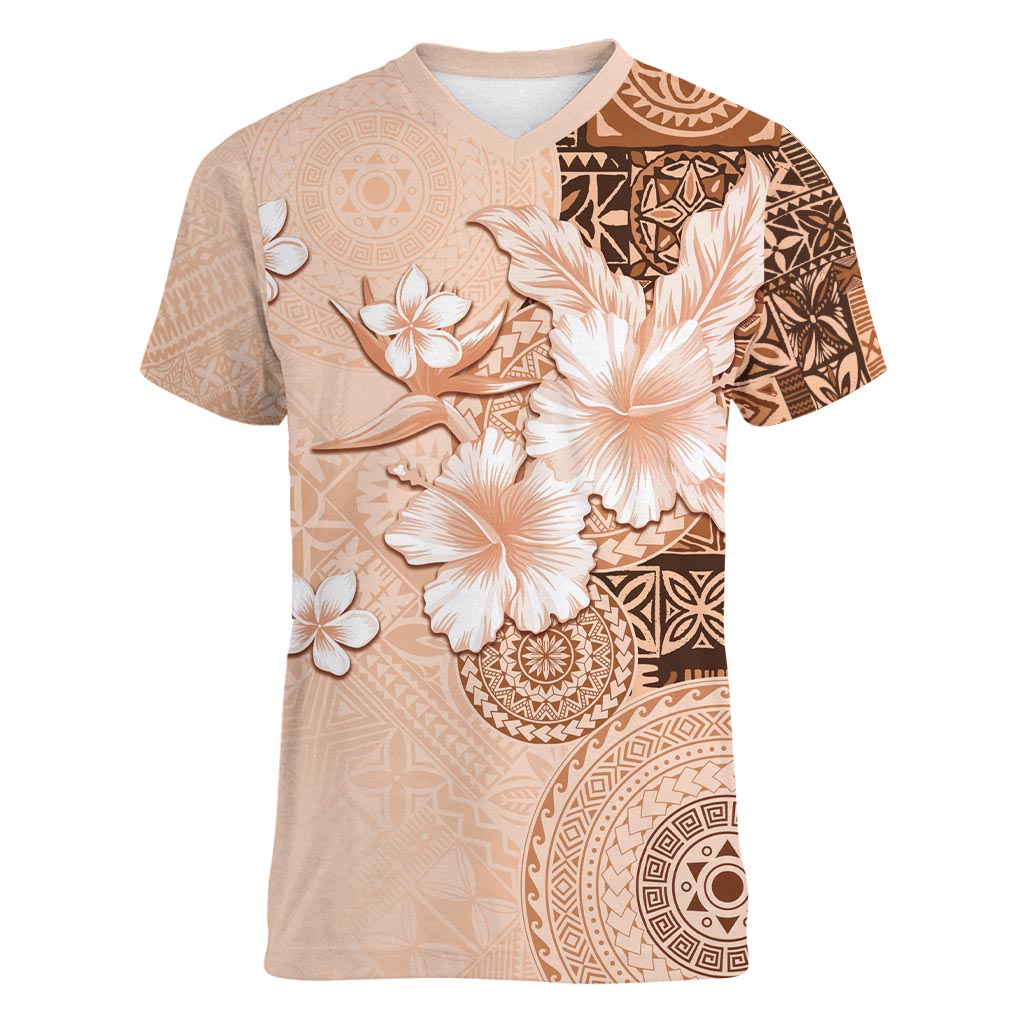 Hawaii Tapa Pattern With Brown Hibiscus Women V-Neck T-Shirt