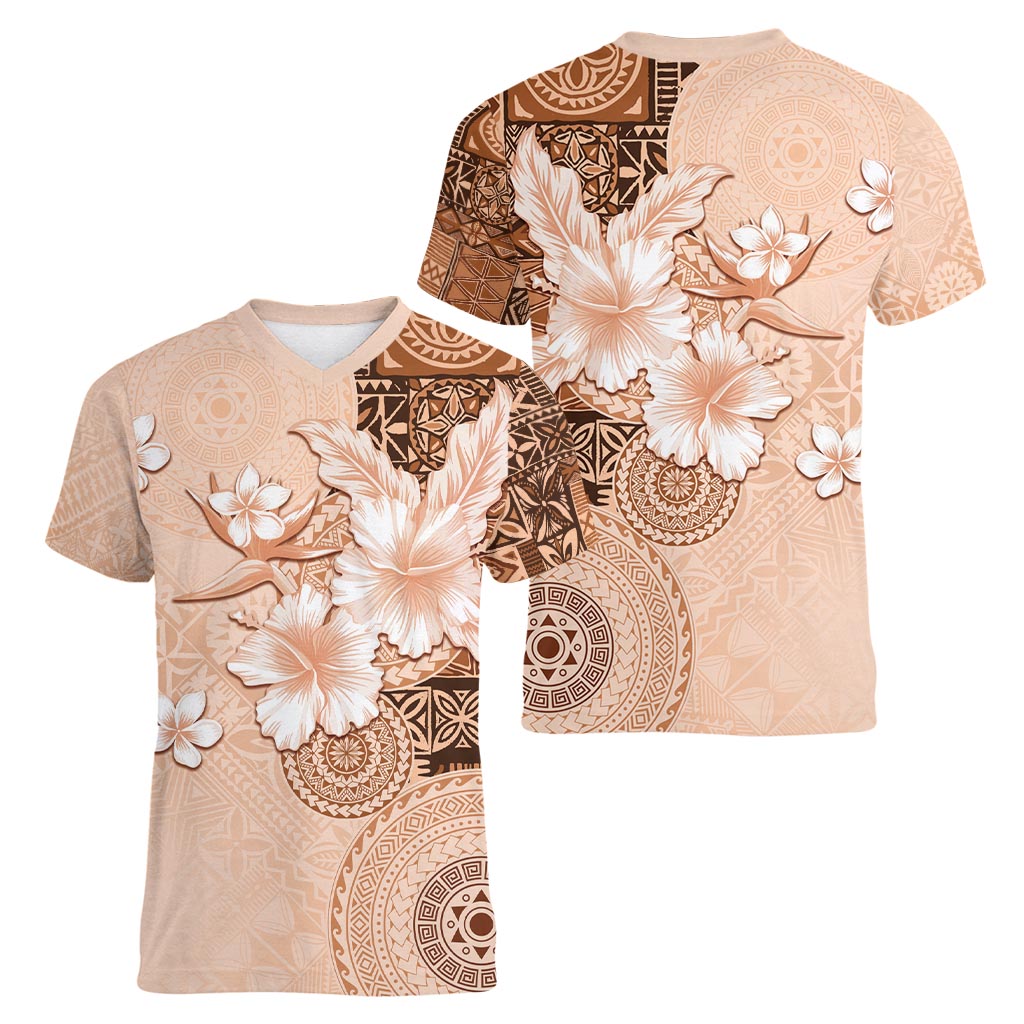 Hawaii Tapa Pattern With Brown Hibiscus Women V-Neck T-Shirt