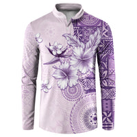 Hawaii Tapa Pattern With Violet Hibiscus Button Sweatshirt LT05 Violet - Polynesian Pride