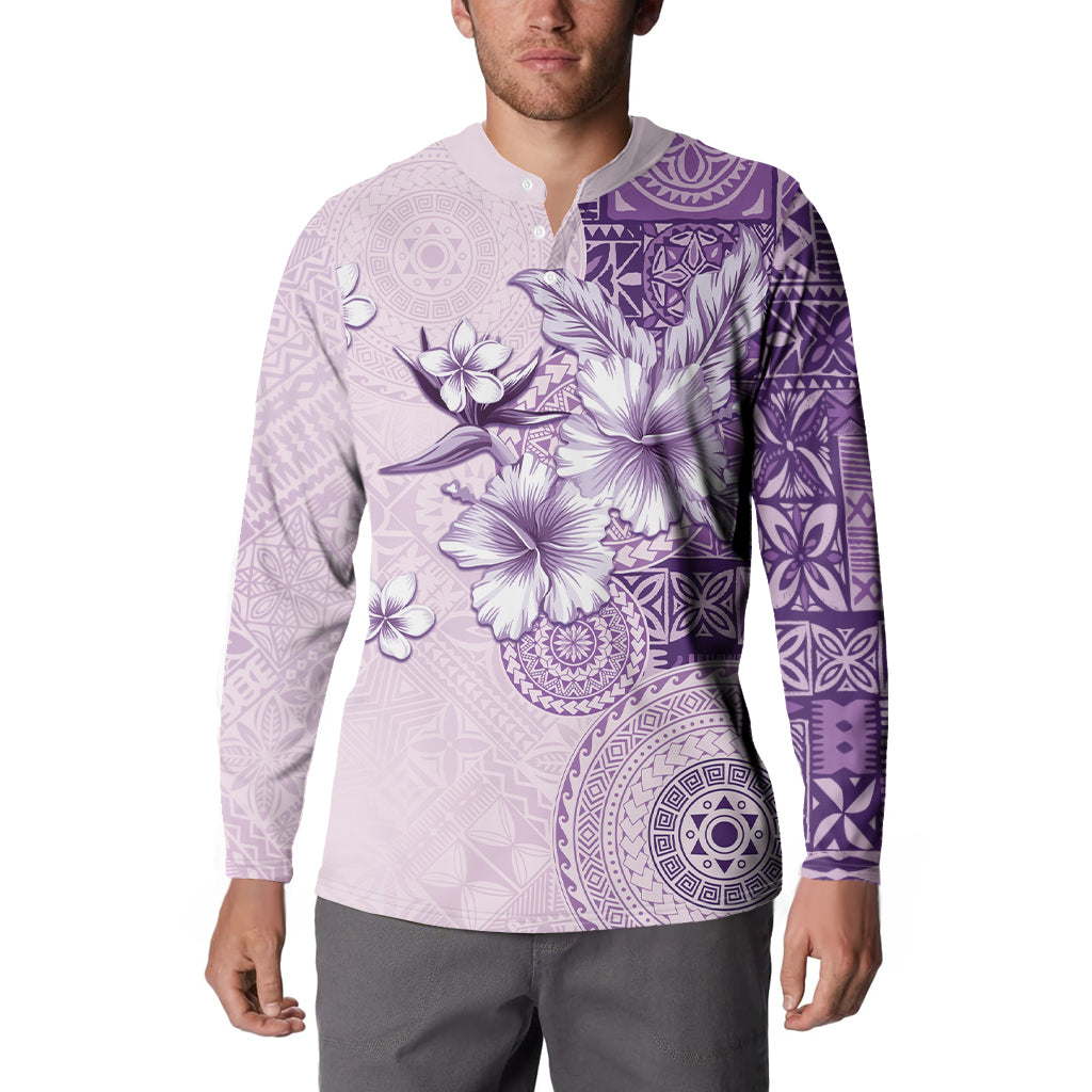 Hawaii Tapa Pattern With Violet Hibiscus Button Sweatshirt LT05 - Polynesian Pride