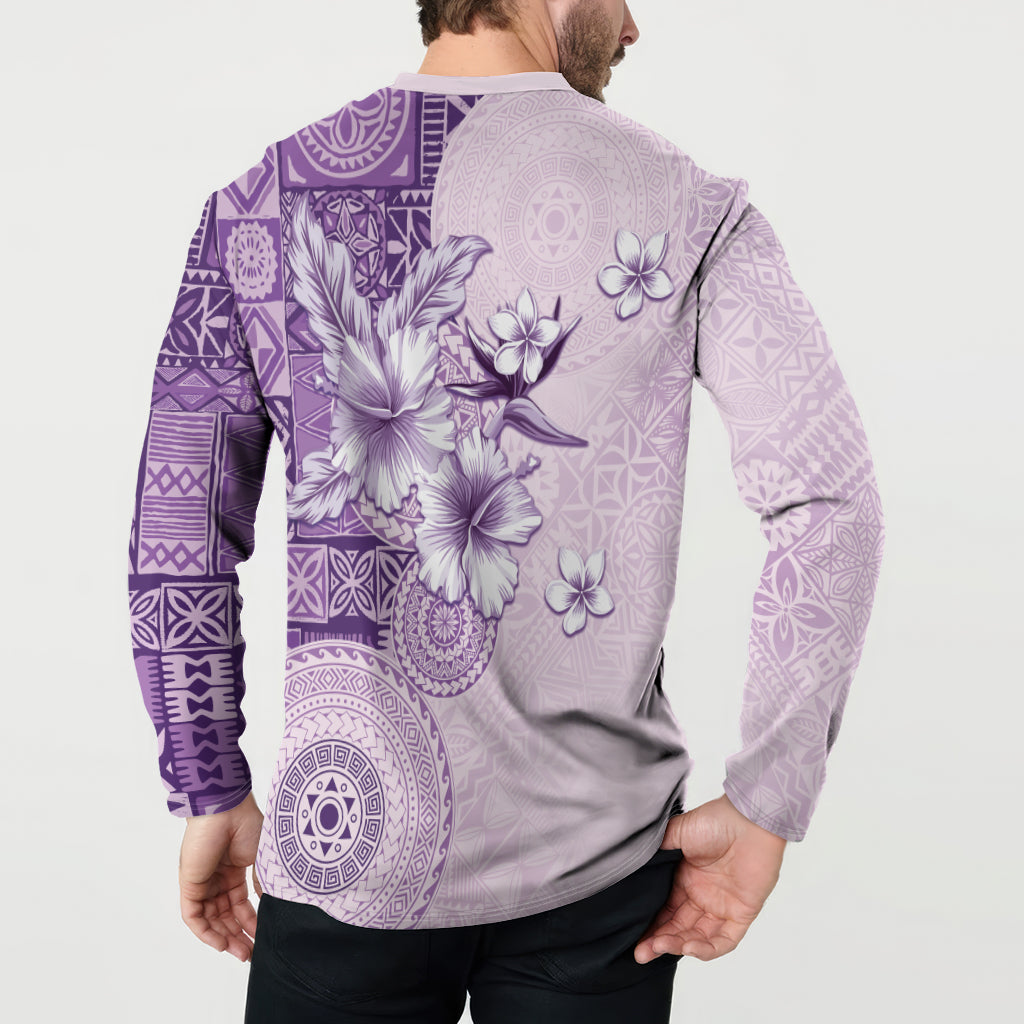Hawaii Tapa Pattern With Violet Hibiscus Button Sweatshirt LT05 - Polynesian Pride
