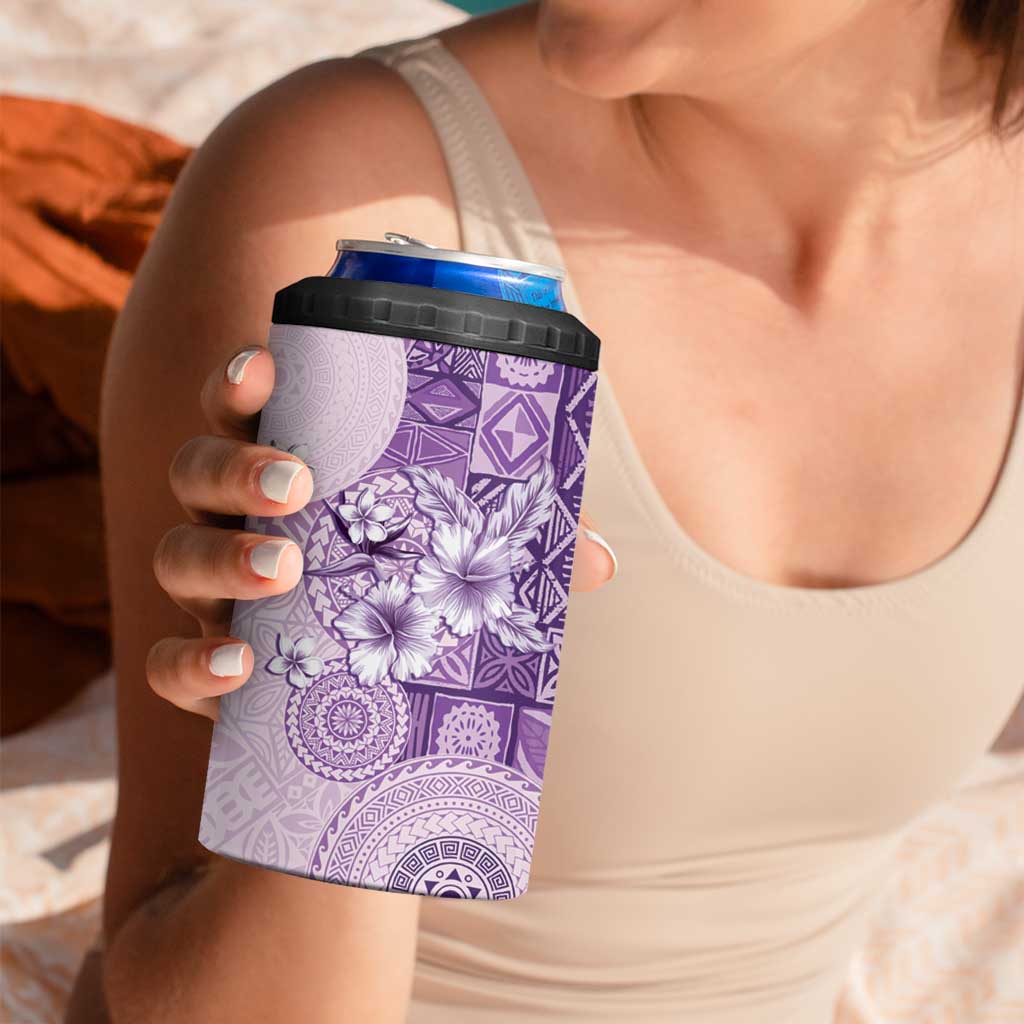 Hawaii Tapa Pattern With Violet Hibiscus 4 in 1 Can Cooler Tumbler