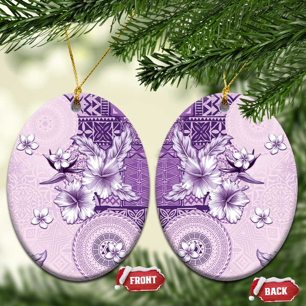 Hawaii Tapa Pattern With Violet Hibiscus Ceramic Ornament LT05 Oval Violet - Polynesian Pride