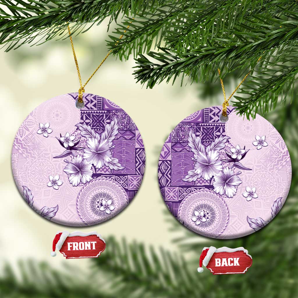 Hawaii Tapa Pattern With Violet Hibiscus Ceramic Ornament LT05 Circle Violet - Polynesian Pride