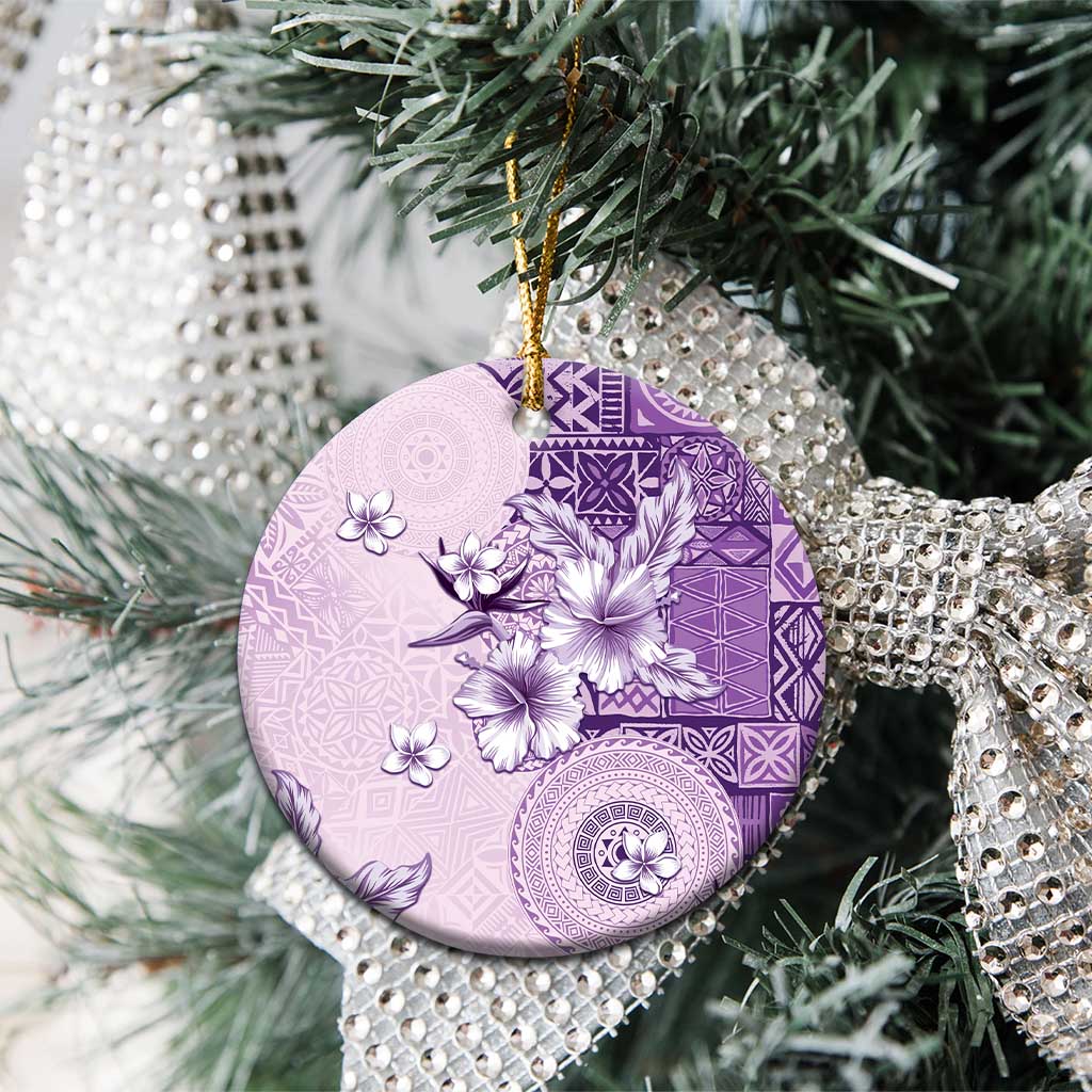 Hawaii Tapa Pattern With Violet Hibiscus Ceramic Ornament LT05 - Polynesian Pride