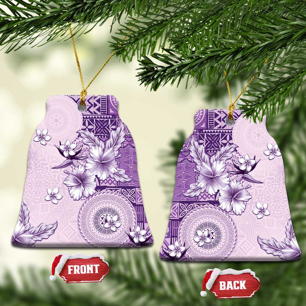 Hawaii Tapa Pattern With Violet Hibiscus Ceramic Ornament LT05 Bell Flake Violet - Polynesian Pride