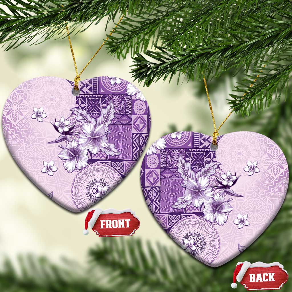 Hawaii Tapa Pattern With Violet Hibiscus Ceramic Ornament LT05 Heart Violet - Polynesian Pride