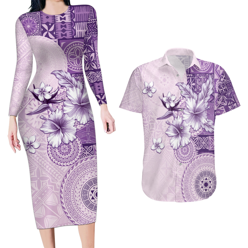 Hawaii Tapa Pattern With Violet Hibiscus Couples Matching Long Sleeve Bodycon Dress and Hawaiian Shirt LT05 Violet - Polynesian Pride