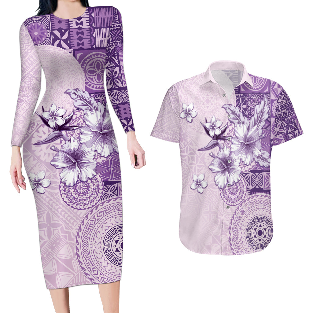 Hawaii Tapa Pattern With Violet Hibiscus Couples Matching Long Sleeve Bodycon Dress and Hawaiian Shirt