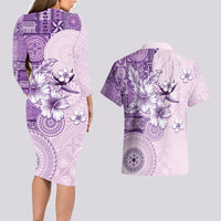 Hawaii Tapa Pattern With Violet Hibiscus Couples Matching Long Sleeve Bodycon Dress and Hawaiian Shirt LT05 - Polynesian Pride