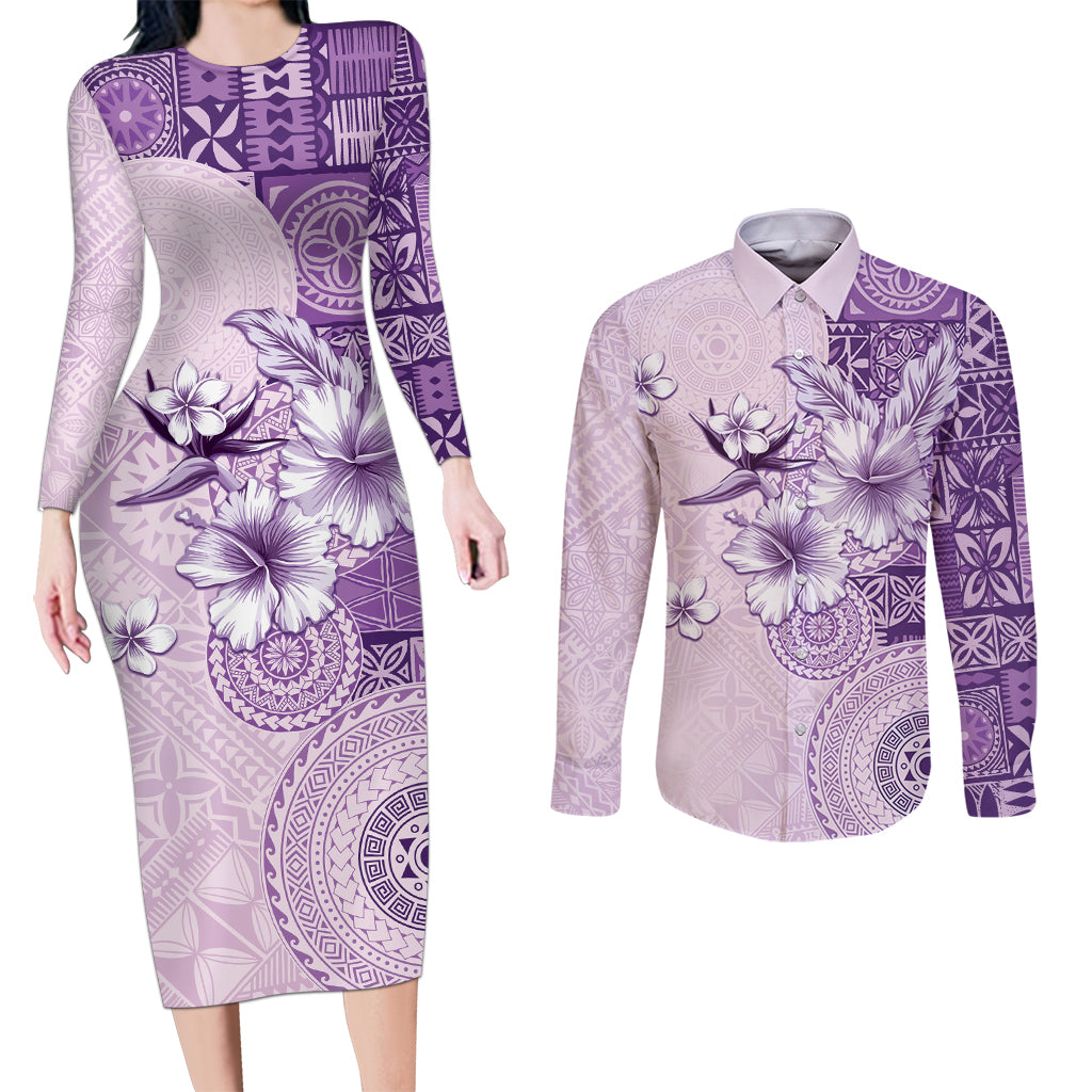 Hawaii Tapa Pattern With Violet Hibiscus Couples Matching Long Sleeve Bodycon Dress and Long Sleeve Button Shirt LT05 Violet - Polynesian Pride