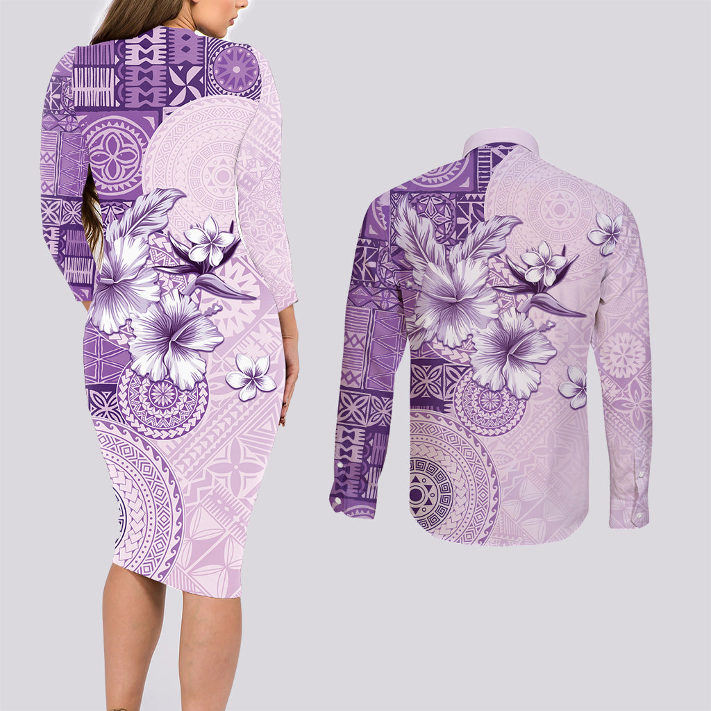 Hawaii Tapa Pattern With Violet Hibiscus Couples Matching Long Sleeve Bodycon Dress and Long Sleeve Button Shirt LT05 - Polynesian Pride