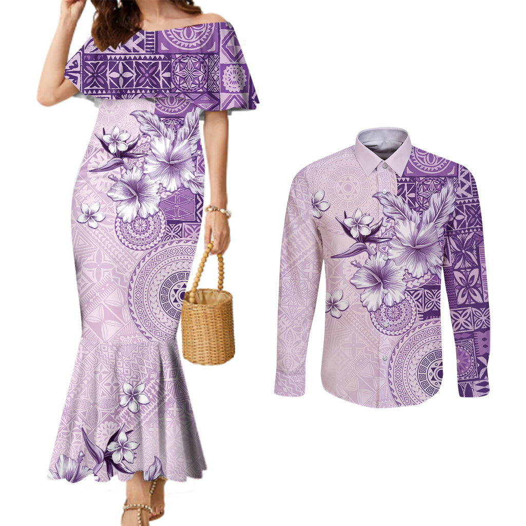 Hawaii Tapa Pattern With Violet Hibiscus Couples Matching Mermaid Dress and Long Sleeve Button Shirt LT05 Violet - Polynesian Pride