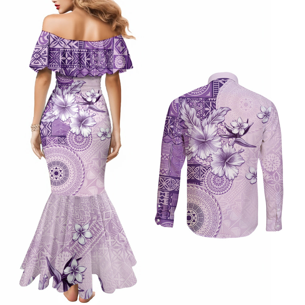 Hawaii Tapa Pattern With Violet Hibiscus Couples Matching Mermaid Dress and Long Sleeve Button Shirt LT05 - Polynesian Pride