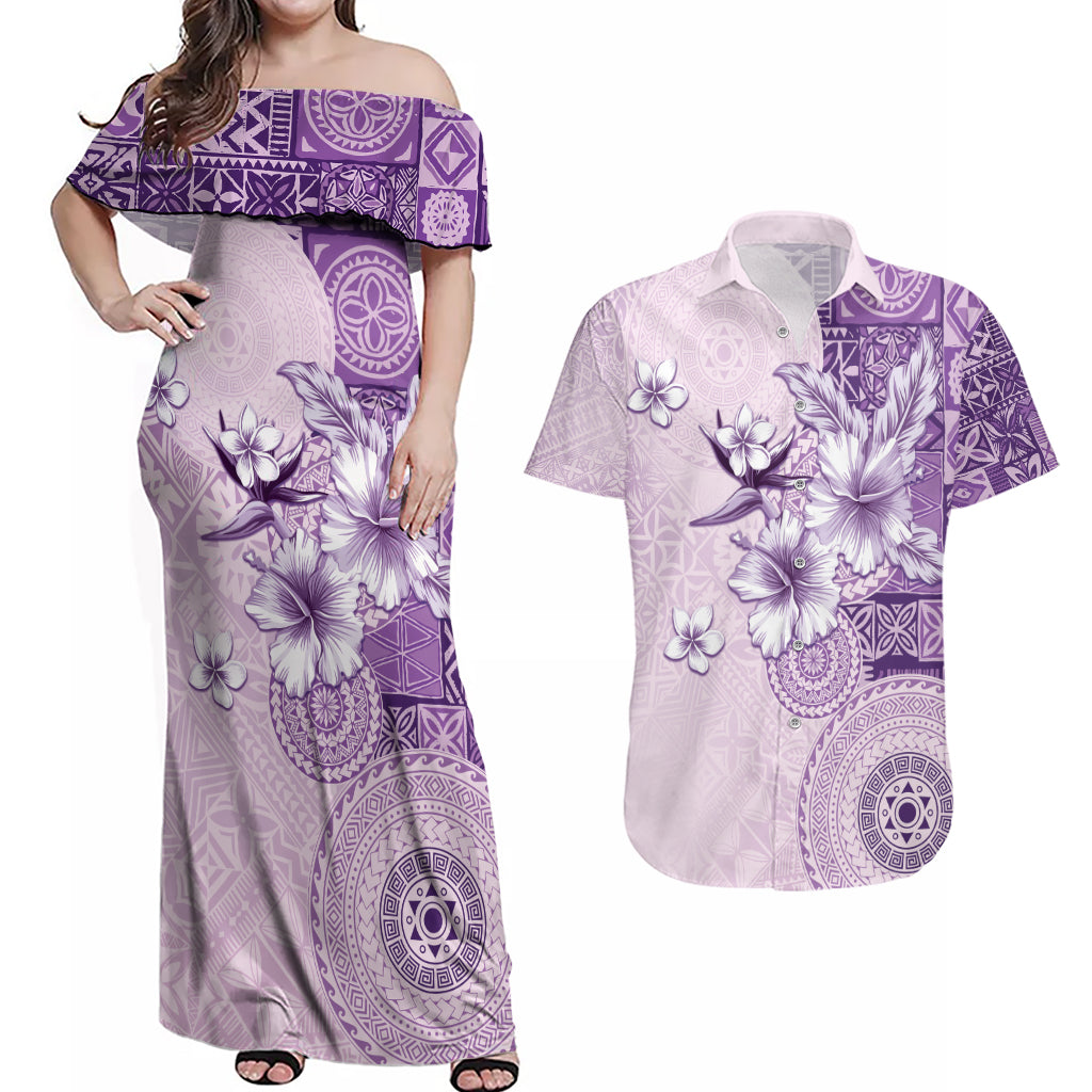 Hawaii Tapa Pattern With Violet Hibiscus Couples Matching Off Shoulder Maxi Dress and Hawaiian Shirt