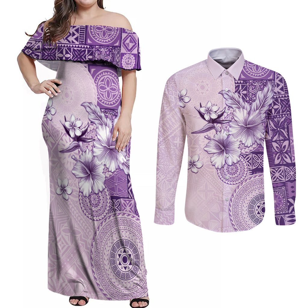 Hawaii Tapa Pattern With Violet Hibiscus Couples Matching Off Shoulder Maxi Dress and Long Sleeve Button Shirt LT05 Violet - Polynesian Pride